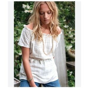 Sezane Off Shoulder Plaid‎ Top Women's Short Sleeve Drawstring Waist Blouse